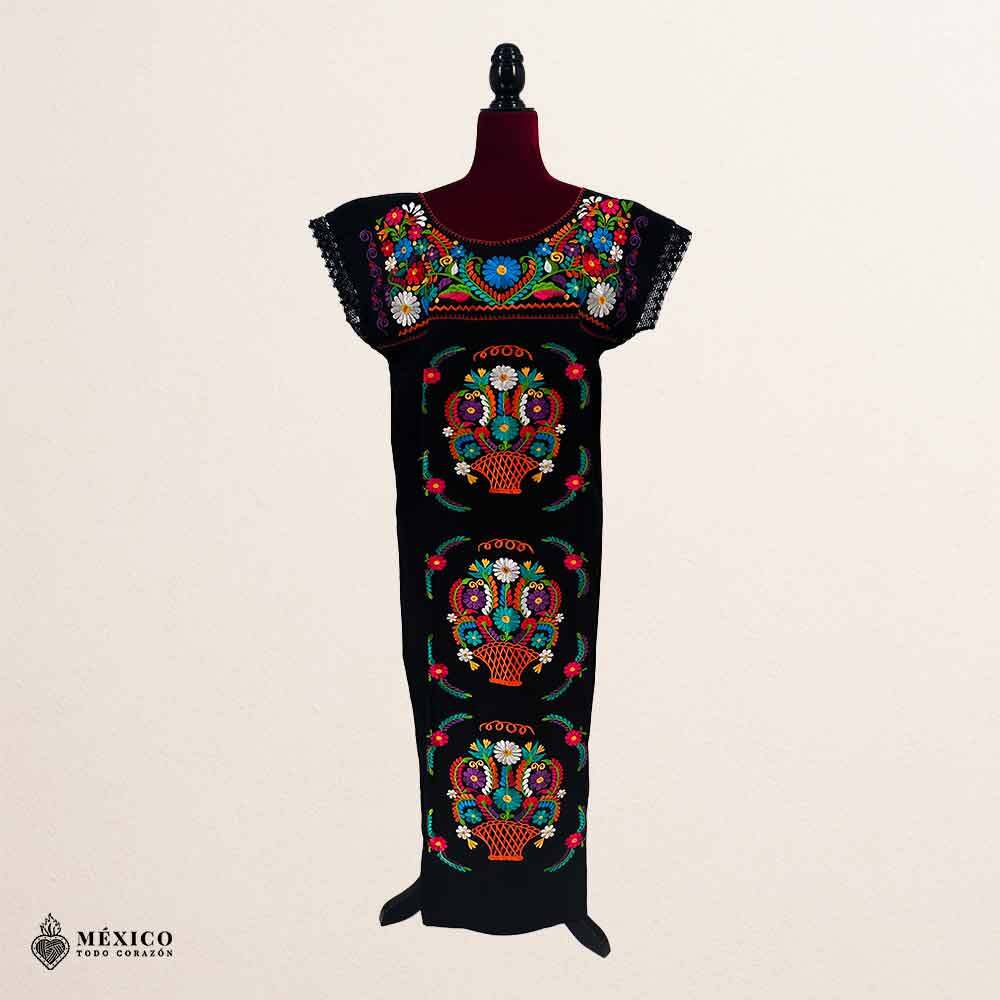 Mexican Embroidered Manta Maxi Dress – Handmade Cotton Floral Artisan Gown (L)